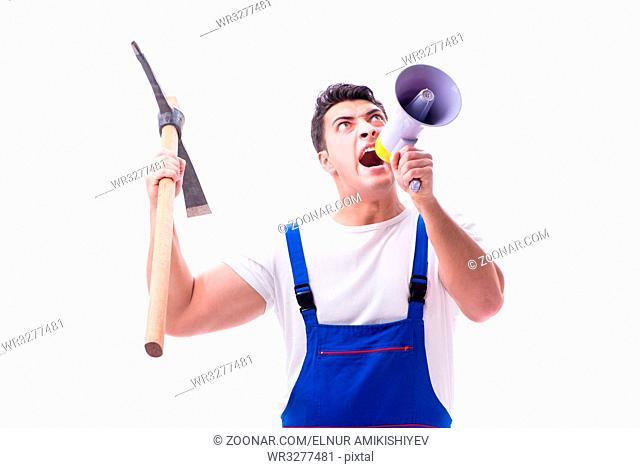 Repairman with megaphone and a digging axe on white background isolated