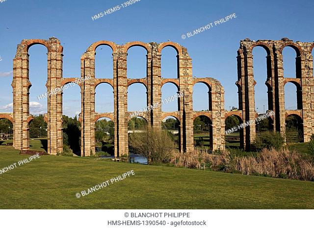 Spain, Extramadura, Merida, Roman Aqueduct of Los Milagros, part of the Archaeological Ensemble listed as World Heritage by UNESCO