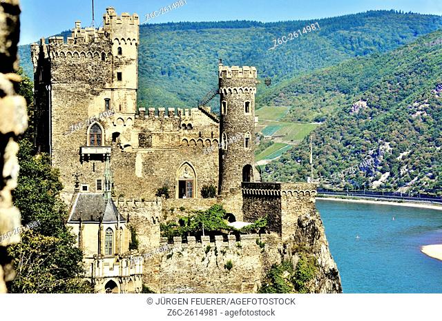 Close view of Rheinstein Castle above the Rhine, Upper Middle Rhine Valley, Germany