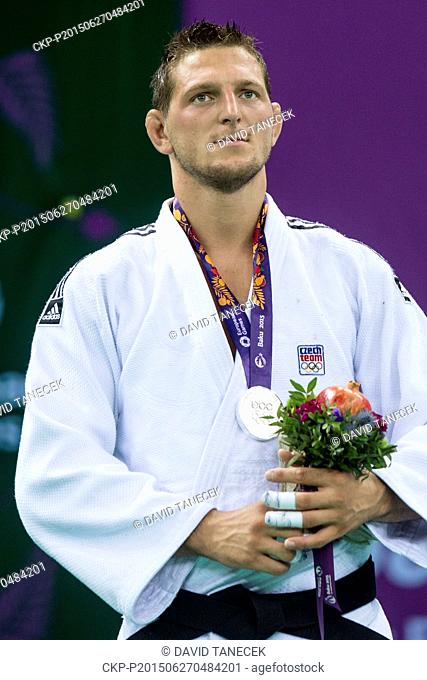 Lukas Krpalek from Czech Republic celebrates silver medal from the Men's Judo under 100kg in Heydar Aliyev Arena at the Baku 2015 1st European Games in Baku