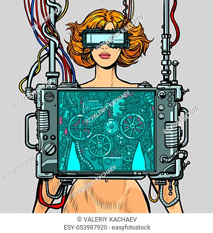 cyberpunk female robot wearing virtual reality glasses. Pop art retro vector illustration drawing vintage kitsch