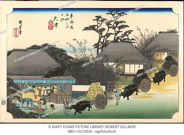 54 Otsu - Three bullock-carts passing down the main street of the village, and an open tea-house on the left. This station located on the south-western shore of...