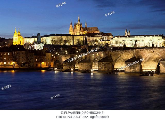 View of river, bridge, cathedral and castle illuminated in city at night, Charles Bridge, Vltava River, St Vitus Cathedral, Prague Castle, Prague