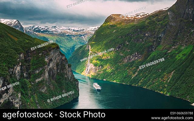 Geirangerfjord, Norway. Touristic Ship Ferry Boat Cruise Ship Liner Floating Near Geiranger In Geirangerfjorden In Summer Day