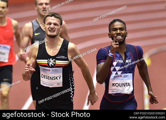 From left Czech MICHAL DESENSKY, ABDALLA MUHAMMAD KOUNTA of France in action during the Czech Indoor Gala international indoor athletic event - men's 400 m - in...