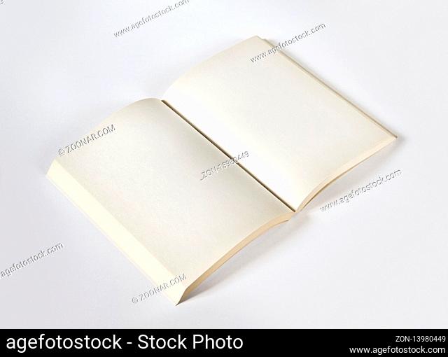 Old open blank book mockup, isolated on grey. Top view