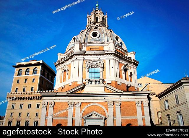 Church of the Most Holy Name of Mary at the Trajan Forum and the Trajan's Column in Rome, Italy. Chiesa del Santissimo Nome di Maria al Foro Traiano