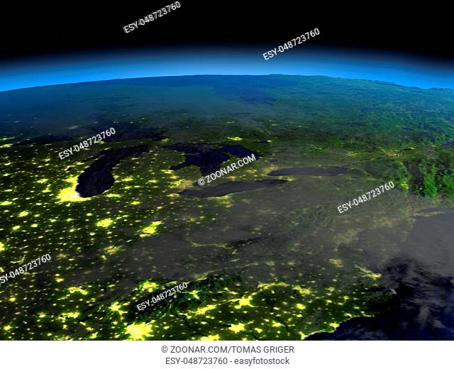 Great lakes from space at night with visible illuminated city lights. 3D illustration with detailed planet surface. Elements of this image furnished by NASA