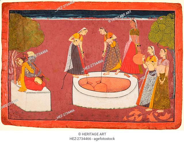 Madhava plays his vina before five women drawing water from a well, from a Madhavanala.., c. 1700. Creator: Unknown