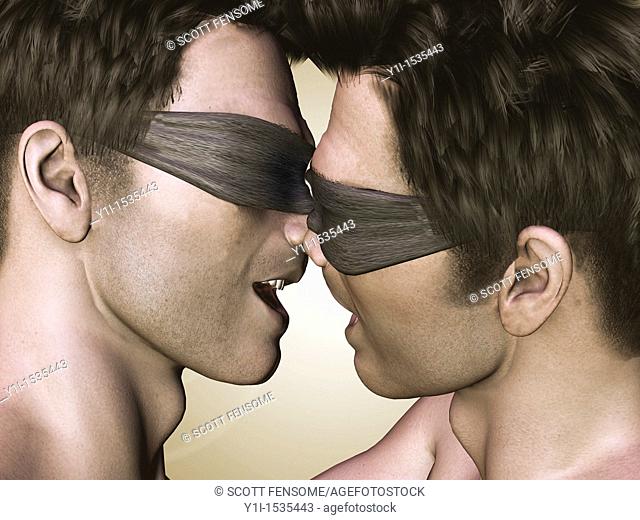 3d image of 2 men about to kiss