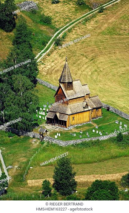 Norway, Sogn og Fjordane, Lujster Fjord Lustrafjord, Urnes wooden Church aerial view
