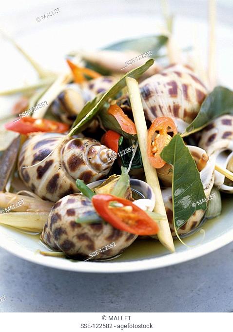 Whelk and pepper Fricassée with citronella and bay leaves