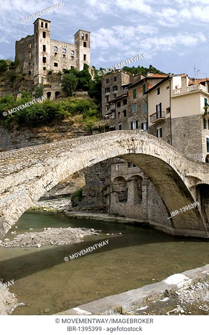Arch bridge and Castello Doria, mountain village Dolceacqua in the Nervia Valley, Riviera, Liguria, Italy, Europe