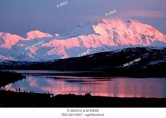 Alpenglow at Mt McKinley with Wonderlake Alaska USA