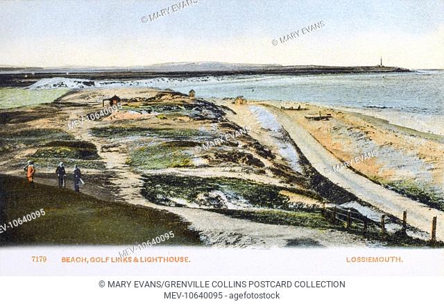 The Old Course at Moray Golf Club, Stotfield Road, Lossiemouth, Moray, with Beach and lighthouse visible - Scotland