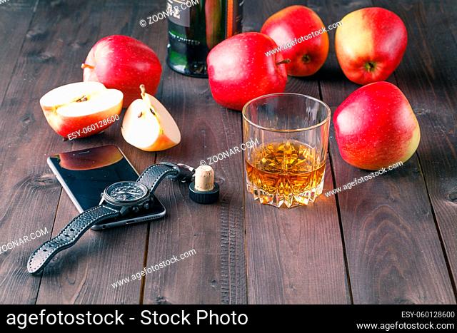 Relax time with glass of whiskey and apples