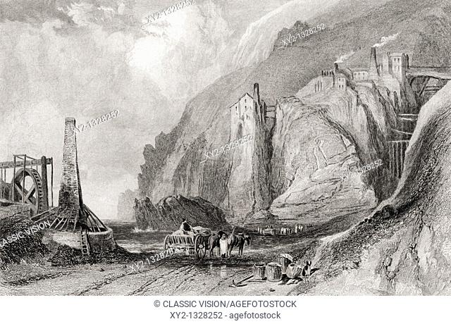 Botallack Mine, Cornwall, England in the 19th century  From Cyclopaedia of Useful Arts and Manufactures by Charles Tomlinson