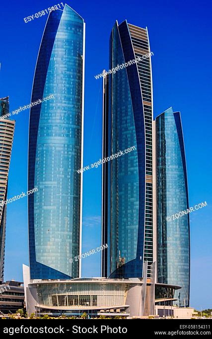 ABU DHABI, UNITED ARAB EMIRATES - FEB 10, 2019: Etihad Towers in Abu Dhabi, United Arab Emirates