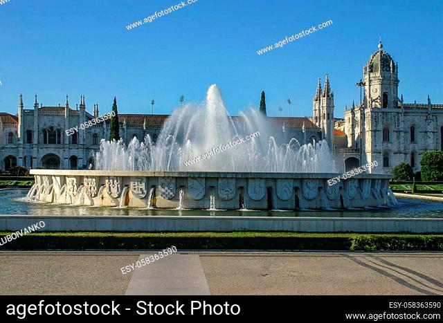 Fountain in front of Monastery of the Jeronimos in afternoon sun. Lisbon, Portugal