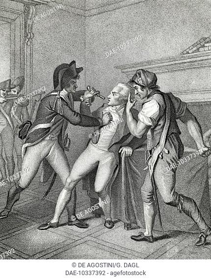 The arrest of Maximilien Robespierre during the night between the 9th and 10th of Thermidor, July 28, 1794, English engraving