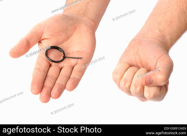 Hand with grenade check isolated on white background
