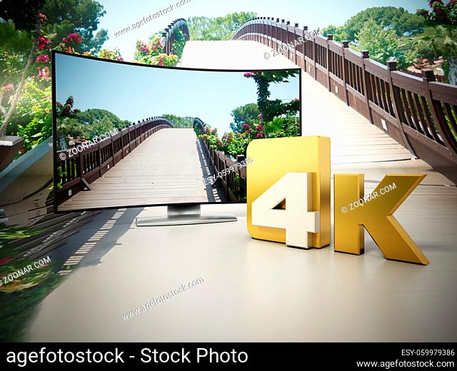 4K Ultra HD television on a bridge and sky setting. 3D illustration