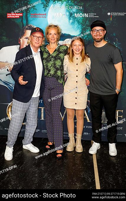 13 July 2021, Berlin: Otto Waalkes (l-r), Katja Riemann, Gloria Terzic and Mark Forster arrive at the photocall of the movie ""Catweazle"" at the Zoo Palast...