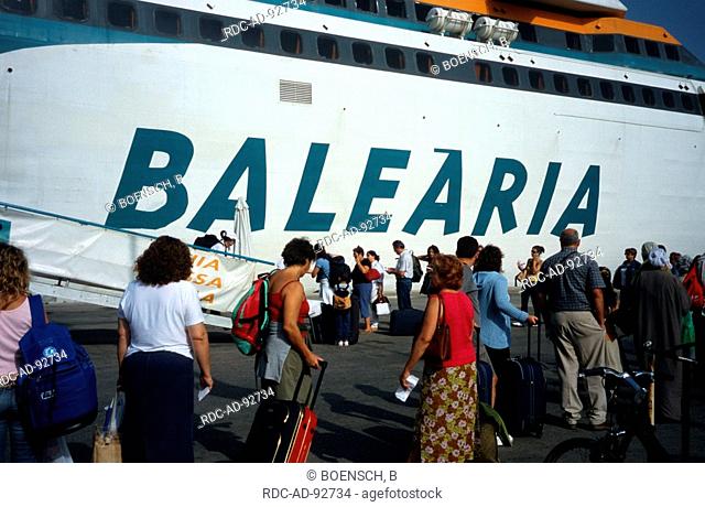Tourists at ferry boat to the Balearic Islands Denia Costa Blanca Spain