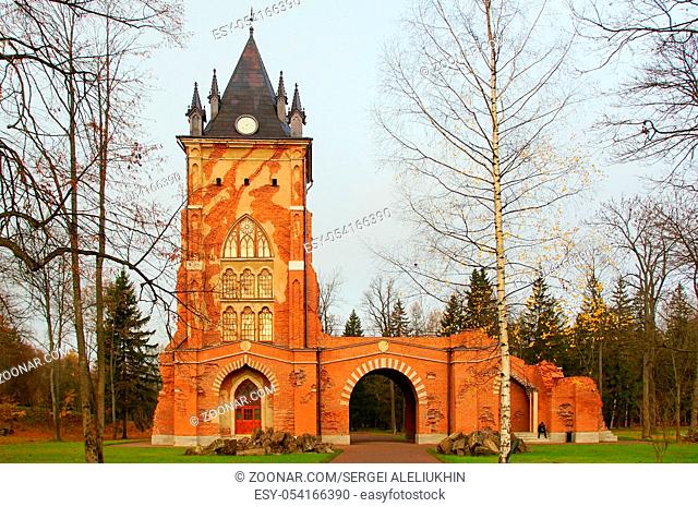 Autumn morning and the Chapelle tower in the Alexander Park in Tsarskoe Selo