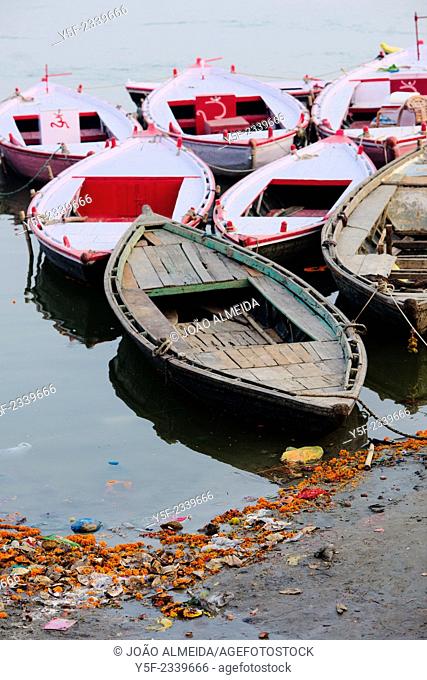Boats anchored at the ghats of Varanasi