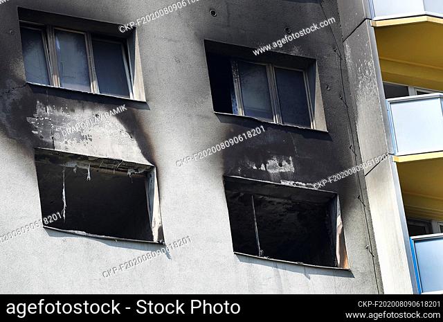 A pre-fab house in Bohumin, Czech Republic, is seen on August 9, 2020, one day after eleven people died in the house due to fire attack