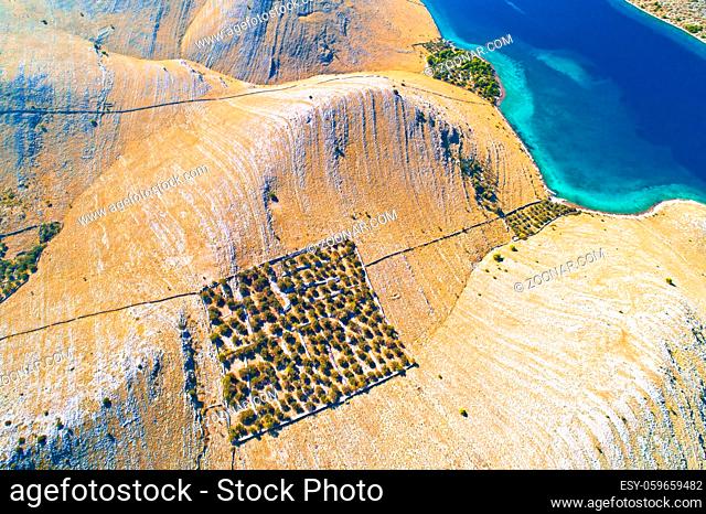 Aerial view of Kornat island drywalls and stone desert, Kornati national park of Croatia