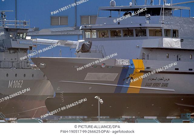 17 May 2019, Mecklenburg-Western Pomerania, Wolgast: A training ship for Saudi Arabia is located on the shipyard premises of the Peene shipyard in Wolgast