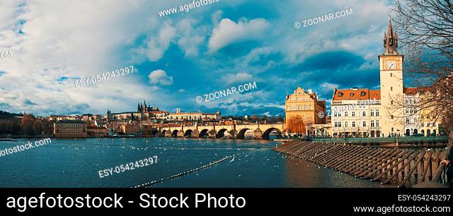 View of the Cathedral of St. Vitus, Prague castle and the Vltava River in advent christmas time, Prague cityscape, Czech Republic 2018