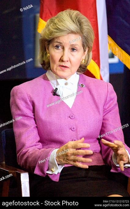 In this photo released by the National Aeronautics and Space Administration, United States Senator Kay Bailey Hutchison (Republican of Texas) meets media in the...