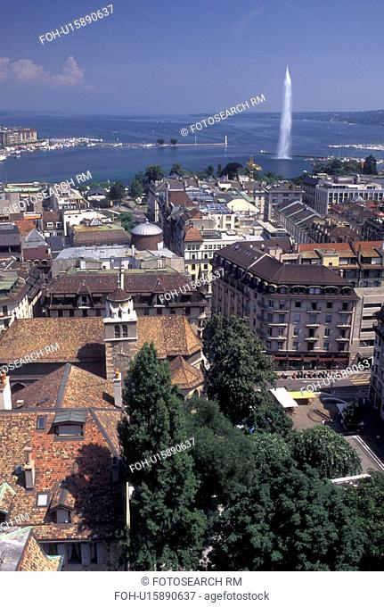 Switzerland, aerial, Geneva, Aerial view of the city of Geneva and Lake Geneva with the Jet d' Eau from St. Peter's cathedral (cathedrale St. Pierre)