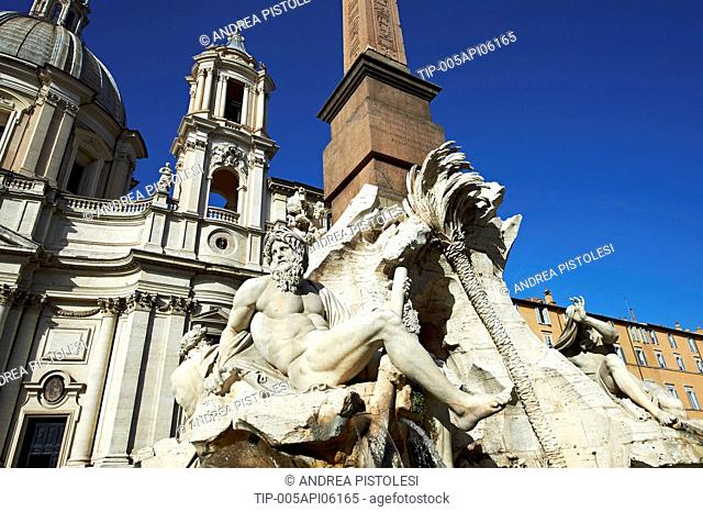Italy, Lazio, Rome, Piazza Navona square, Fontana dei Quattro Fiumi by Gian Lorenzo Bernini, Fountain of the Four Rivers