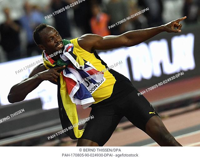 Usain Bolt from Jamaica celebrates placing third at the men's 100 m final of the IAAF World Championships in London, Great Britain, 5 August 2017