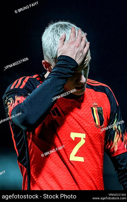 Belgium's Hugo Siquet reacts during the match between the U21 youth team of the Belgian national soccer team Red Devils and the U21 of Scotland