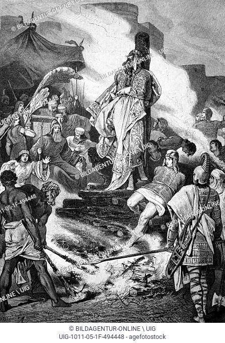 Croesus on the stake, croesus, around 590 bc - 541 bc, last king of lydia in anatolia, historical engraving, 1883