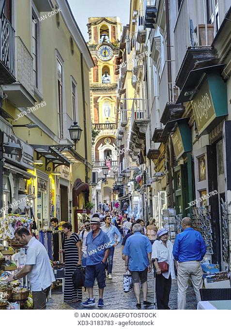 narrow street and Cathedrale di Sorrento, Sorrento, Naples Province, Italy