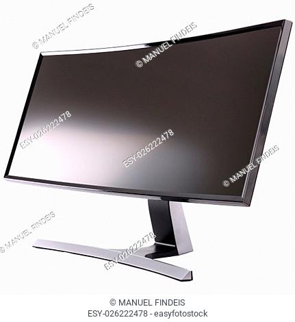 Stylish, modern curved LCD computer display, diagonal view, isolated on white