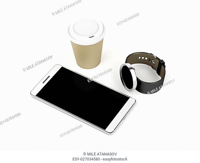 Smartphone, smartwatch and paper coffee cup on white background