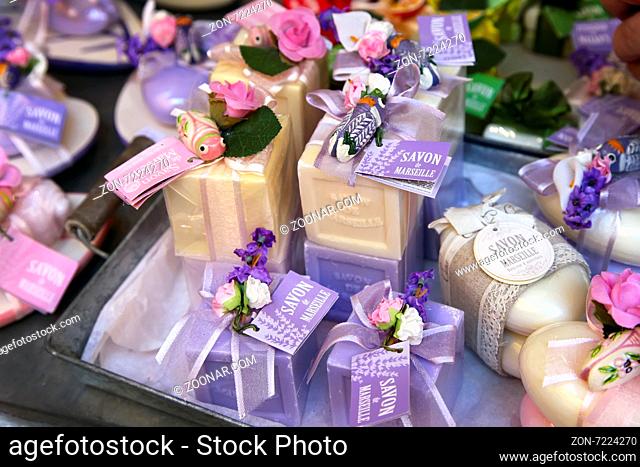 GRASSE, FRANCE - JULY 5: Homemade multi colored soap in a street of the city of Grasse shop in France