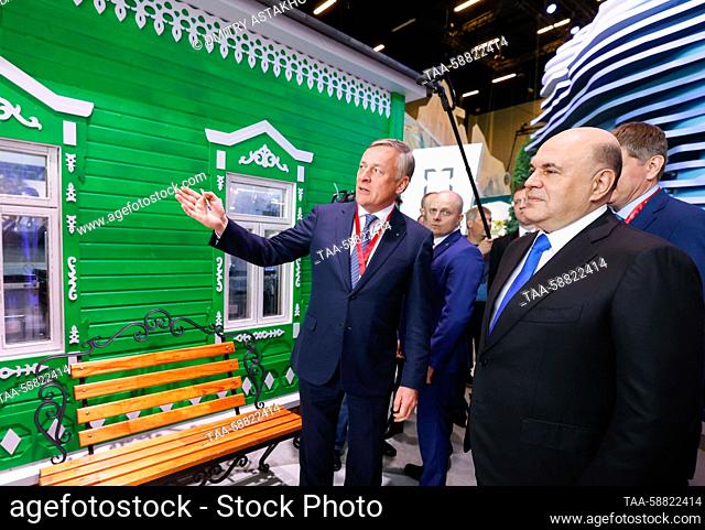 RUSSIA, MINERALNYE VODY - MAY 3, 2023: Russia's Prime Minister Mikhail Mishustin (R) attends the Caucasus Investment Exhibition at the MinvodyExpo Exhibition...