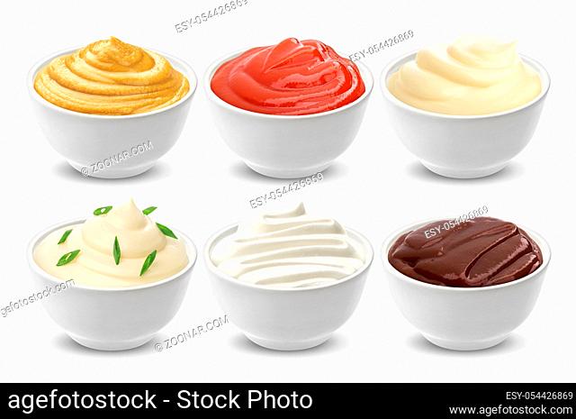 Set of different sauces isolated on white, with clipping path
