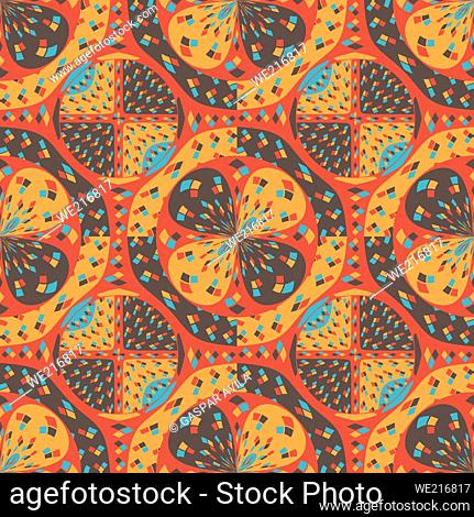 Saturated tapestry-like algorithmic pattern in mostly orange and yellow tones. Geometric digital art