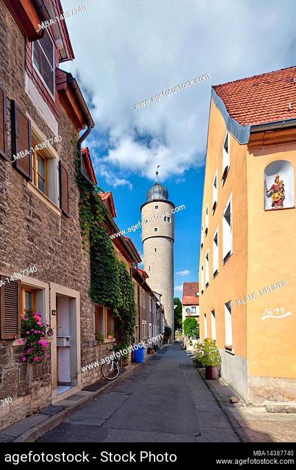 Pigeon tower, house facade, alley, flower decoration, village view, autumn, Ochsenfurt, Franconia, Bavaria, Germany, Europe