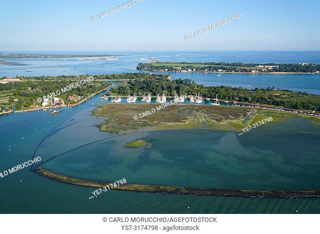 Aerial view of the Venice Lagoon, Vignole and Certosa island in the foreground and Treporti and Lido and its port in the background, Venice, Italy, Europe