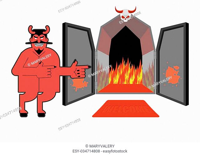 Satan invites sinners to hell. Devil indicates hand on purgatory. Laughing Red daemon at entrance of Hyena and fire